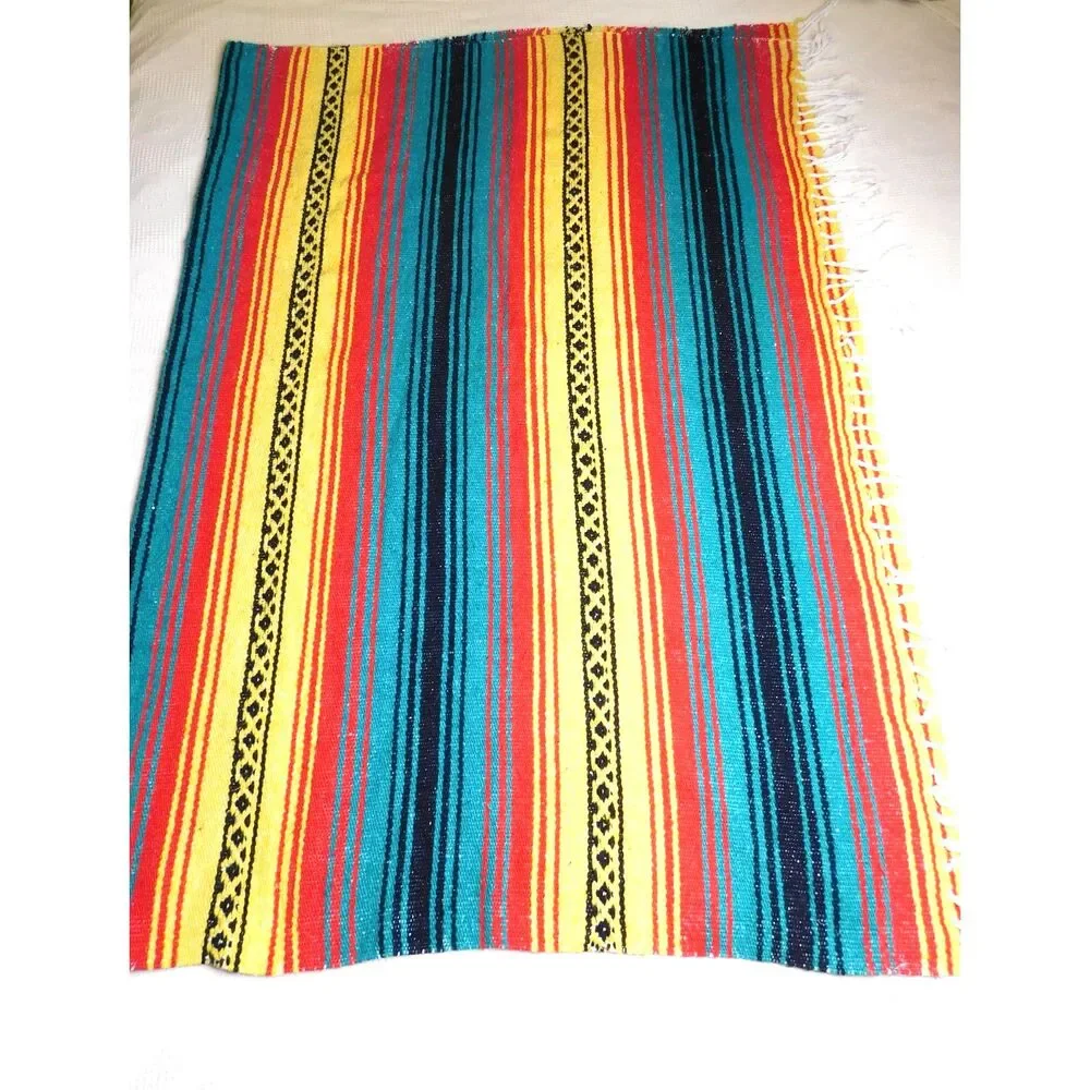 VTG Mexican Serape Blanket Rainbow Striped Boho Southwestern Fringe 74x52 Woven